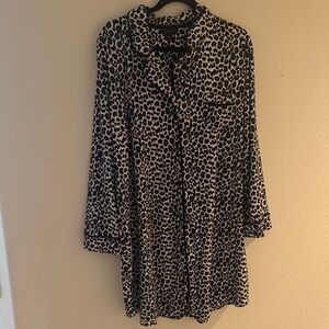 Leopard Print Button-Down Blouse - Black and Cream